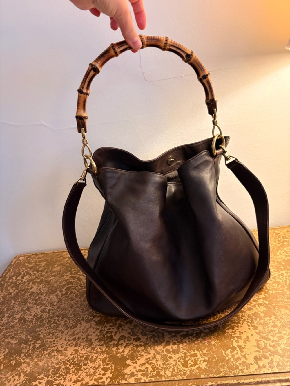 Classic Brown Leather Shoulder Bag with Bamboo Handle